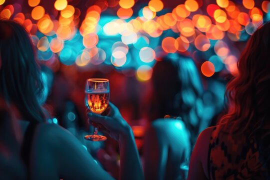 A woman holds a glass of wine at a social gathering, possibly a party or celebration