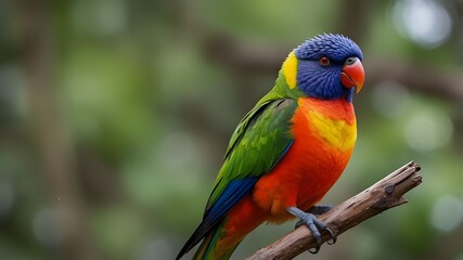 A close-up of a vibrant Australian Rainbow Lorikeet perched on a branch, with detailed feathers and a natural background.