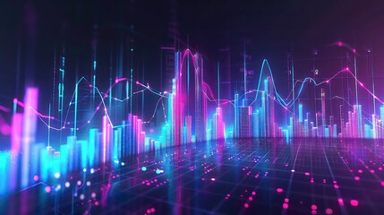 A digital representation of a city skyline with neon lights and data graphs representing financial or technological progress.
