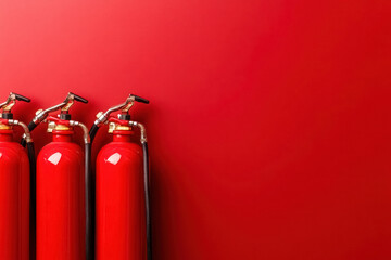row of red fire extinguishers on bright red background