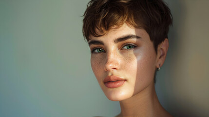 Studio portrait of a young woman with short brown head. Model headshot illuminated by window light. Sun kissed skin with light freckles. Skin care and cosmetics.