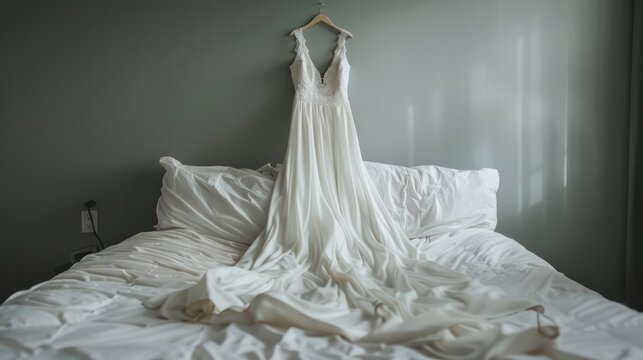 Elegant white wedding dress draped gracefully on a messy bed