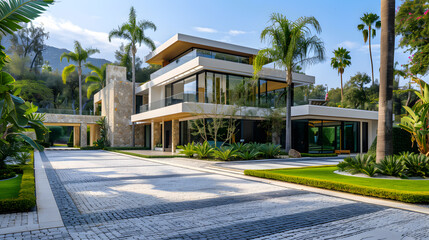 Obraz premium The building is a large house with palm trees lining the driveway in front of it. Located in a residential area, the house features a blue sky dotted with fluffy clouds