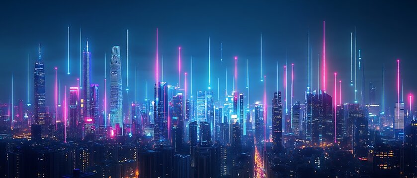 Futuristic cityscape at night with glowing neon lights and digital beams. - Powered by Adobe
