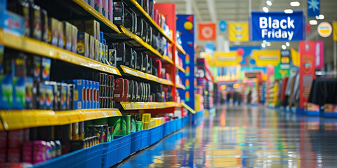 A store interior with jackets on display and a red signboard with the text “Black Friday”