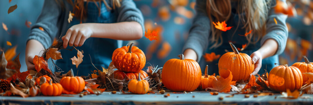 carved pumpkins with various expressions placed against an colorful background