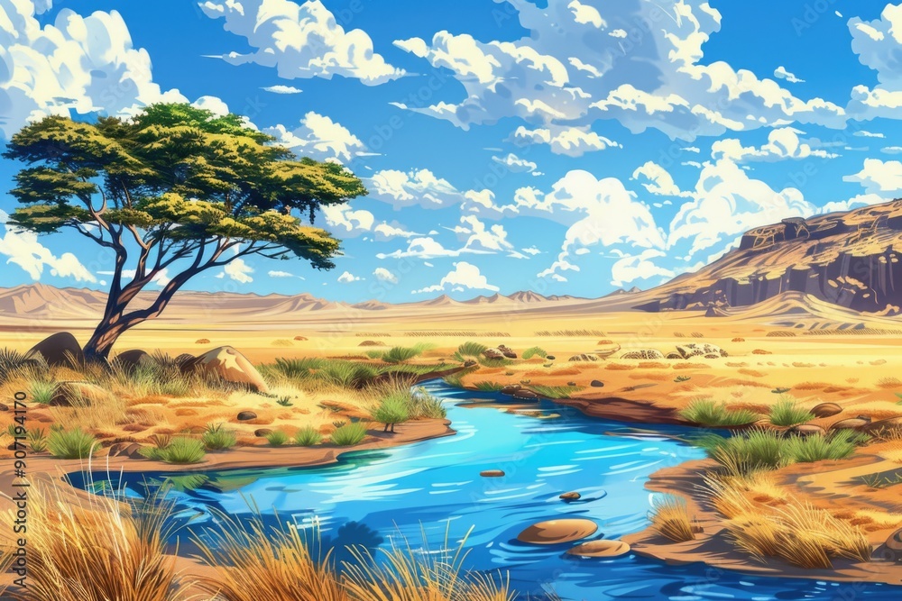 Poster A scenic view of a river flowing through a desert landscape, perfect for travel or nature-themed projects