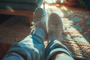 Obraz premium A pair of white sneakers sitting on a rug, ready for use