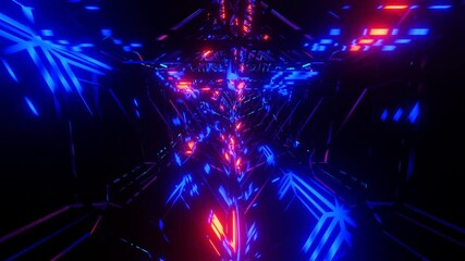 Abstract animated dynamic VJ loop background of futuristic triangle red, blue neon tunnel