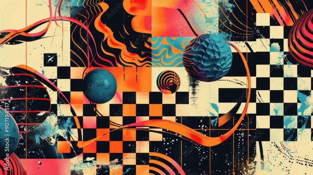 Poster a portrait of a woman's face with a distinctive checkered design in the background