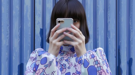 Naklejka premium Young girl focused intently on her smartphone against a colorful background, modern children phone addiction problem, doom scrolling, media obsession