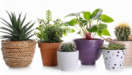 Obraz premium Various types of indoor plants beautifully arranged in eco-friendly pots, isolated on white background. Lush greenery and natural elegance, perfect for nature lovers and sustainable living enthusiasts