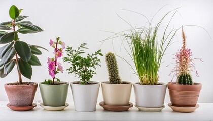 Obraz premium Various types of indoor plants beautifully arranged in eco-friendly pots, isolated on white background. Lush greenery and natural elegance, perfect for nature lovers and sustainable living enthusiasts