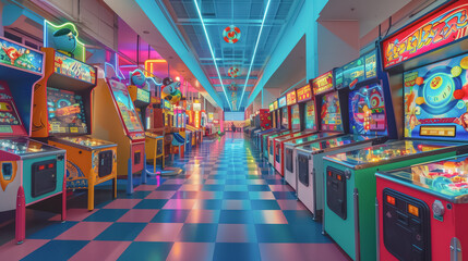 Vibrant neon-lit arcade room filled with classic pinball machines and colorful lights
