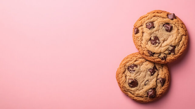  appetizing chocolate chip cookies on soft pink background