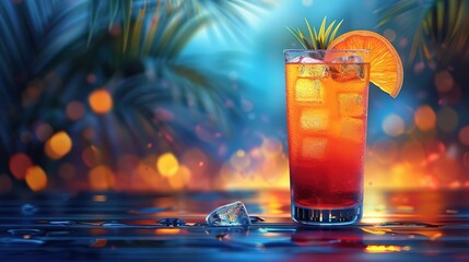 Tropical Cocktail with Orange Slice and Ice Cubes 3D Illustration