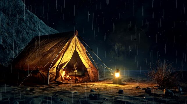 A camping tent  in a dark night rain beach with campfire. seamless looping time-lapse virtual 4k video animation background