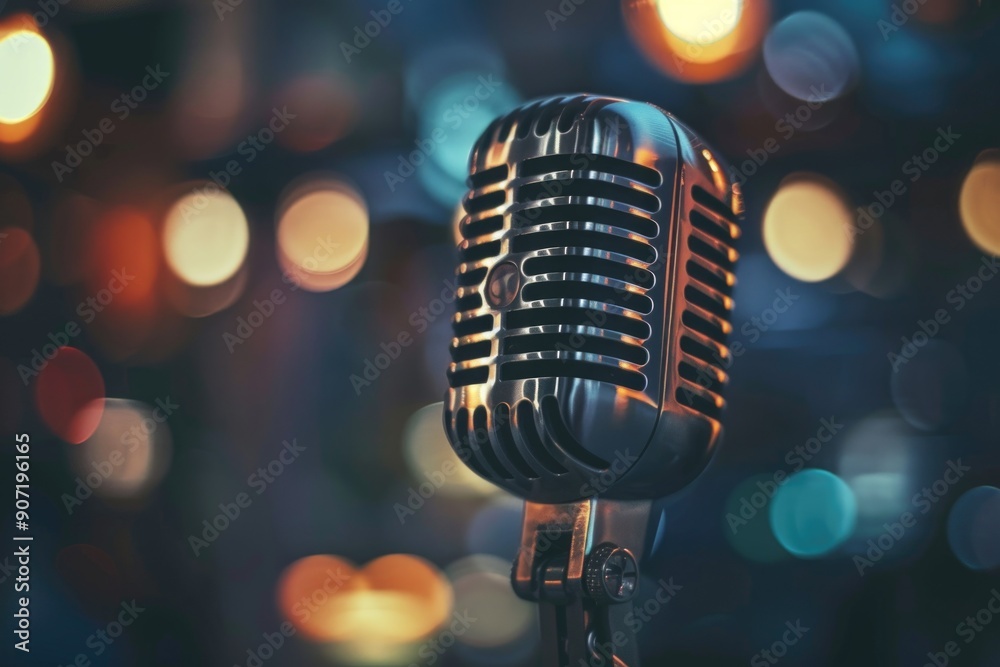 Poster A close up shot of a microphone with lights shining from behind, suitable for music or performance related uses