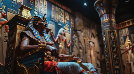 Opulent Egyptian throne room with pharaoh statue surrounded by ancient carvings
