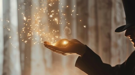 The magician's hat brings out magic with shining gold particles and sparks on a white curtain background. Skills of an elegant magician performing magic tricks, illusionist art concept