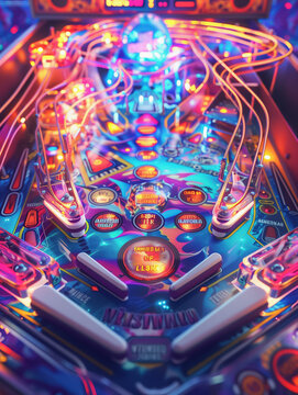 Vivid pinball machine lights in a vibrant arcade creating a nostalgic retro atmosphere
