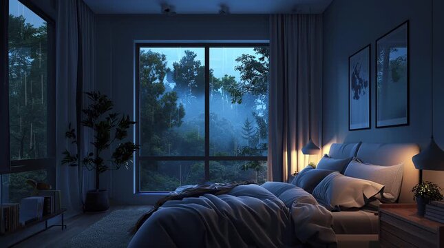 Cozy bedroom with a window revealing a rainy night outside, creating a warm and intimate ambiance
  Seamless looping 4k time-lapse virtual video animation Generated AI