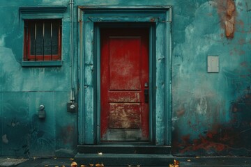 A blue building with a distinctive red door and windows, suitable for use in various settings such as architecture, design, or real estate