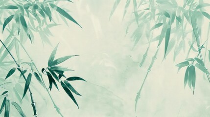 A watercolor painting depicting bamboo leaves in a light green hue, with a textured background and a sense of serenity.