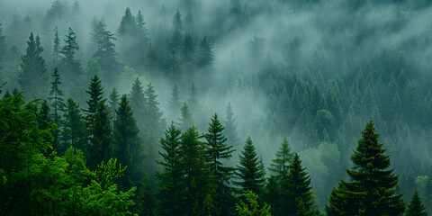 aerial view of a forest on a mountain in foggy weather 