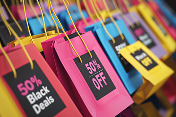 Black Friday sale with colorful shopping bags displaying “50% OFF” tags, representing significant discounts and deals during the major retail event