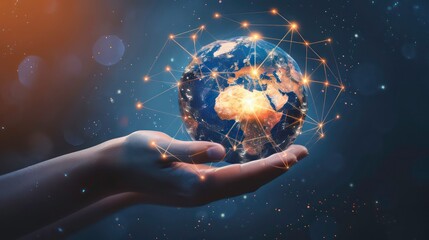 A hand holding a glowing globe surrounded by interconnected lines, symbolizing global connectivity and digital technology.