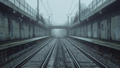 Fototapeta premium Serene Journey Through Foggy Overpass Train Tracks Leading to an Unknown Destination, A Mystical and Ethereal Perspective on Travel and Adventure