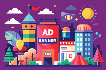 Colorful Cityscape with an Ad Banner and Buildings