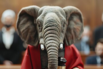 An elephant in a judges robe and gavel presides over a courtroom