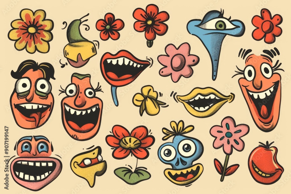 Poster A collection of cartoon faces showing different emotions and expressions