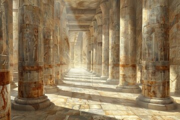 Fototapeta premium Serene Corridor of Pillars A Journey Through Time and Light, Ancient Architecture, Stone Columns, Sunlit Hallway, Historic Structure, Architectural Design, Voyage of Discovery, Tranquil Ambiance