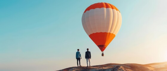 Businessmen are discussing contracts while floating in hot air balloons