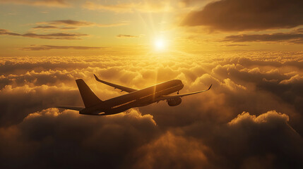 Realistic photo of an airplane flying above the clouds at sunset