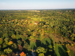 Aerial over a wooded area in Berrien Springs, in Berrien County, within the Oronoko Charter...
