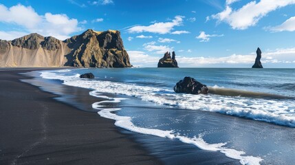 Majestic black sand beach with rock formations in Iceland