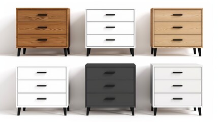 A row of six dressers with different colors and designs