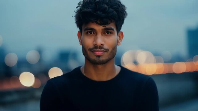 A young biracial man stands with his arms crossed a sly smirk on his face as he revels in his triumph. The urban setting behind him hints at the challenges he has overcome to reach