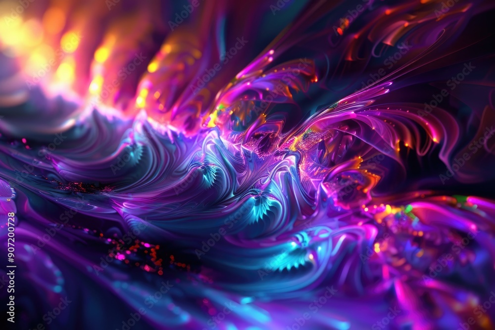 Poster computer-generated abstract design featuring swirling patterns of purple and blue colors