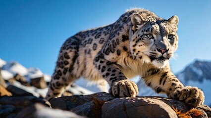 Obraz premium Majestic Snow Leopard in Natural Habitat Against Mountain Backdrop