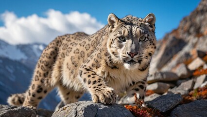 Fototapeta premium Majestic Snow Leopard in Natural Habitat Against Mountain Backdrop