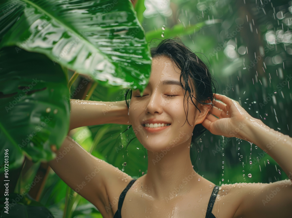 Canvas Prints A Asian woman is smiling and standing under the rain in front of an outdoor wooden bathroom with large green leaves, surrounded by nature