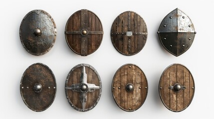 Naklejka premium A collection of wooden shields with metal spikes