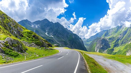 Naklejka premium Scenic mountain road winding through alpine landscape under blue sky with fluffy clouds
