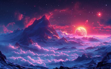 Obraz premium Mountain Landscape Illustration with Pink Clouds and Red Sky