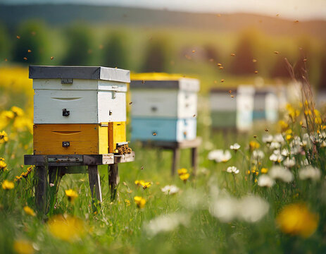 Kolorowe ule na łące